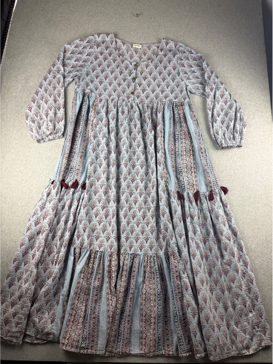 Dresses & Skirts - World Market L/XL Floral Maxi Dress Boho Tiered Cotton Tassel Blue